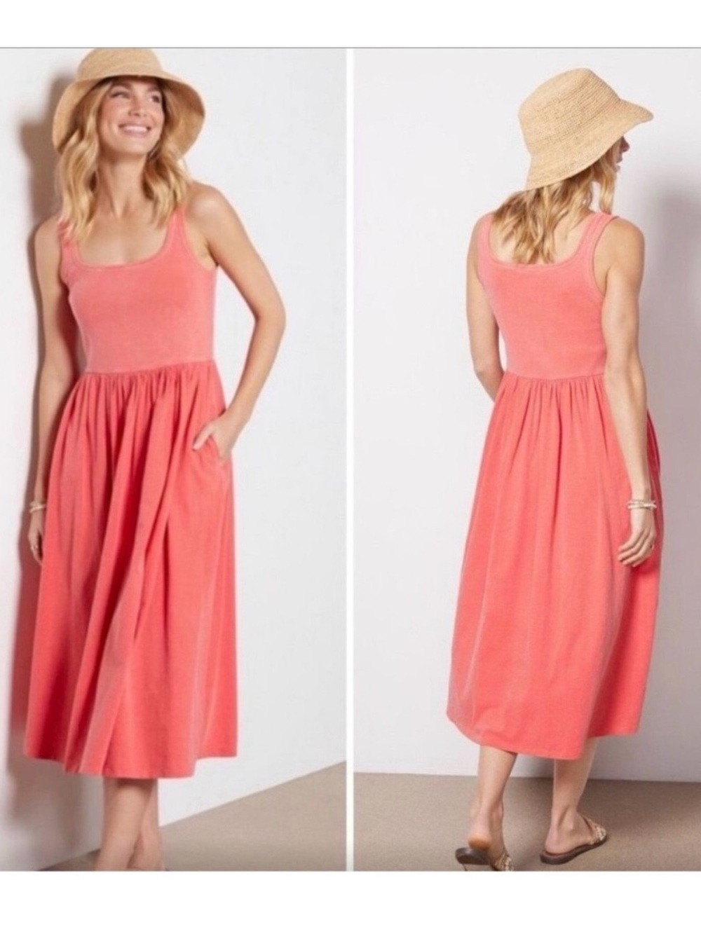 Sundry Coral Pink Ribbed Tank Midi Dress Size 1 small Pleated Skirt with Pockets